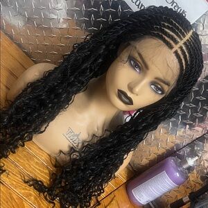 Black Braided Lace Front Wig - Natural Curly Ends bohemian Senegal twist